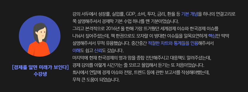 강의 서두에서 성장률, 실업률, GDP, 소비, 투자, 금리, 환율 등 기본 개념을 하나의 연결고리로 쭉 설명해주셔서 경제학 기본 수업 하나를 뗀 기분이었습니다. 그리고 본격적으로 2016년 올 한해 가장 뜨거웠던 세계경제 이슈와 한국경제 이슈를 나눠서 짚어주셨는데, 책 한 권으로도 모자랄 이 방대한 이슈들을 일목요연하게 핵심만 딱딱 설명해주셔서 무척 유용했습니다. 중간중간 적절한 차트와 통계들을 인용해주셔서 이해도 쉽고 신뢰도 갔습니다.마지막에 현재 한국경제의 명과 암을 종합 진단해주시고 대응책도 알려주셨는데, 경제 강의를 이렇게 시간가는 줄 모르고 몰입해서 듣기는 또 처음이었습니다. 회사에서 연말에 경제 이슈와 전망, 트렌드 등에 관한 보고서를 작성해야 했는데, 무척 큰 도움이 되었습니다.- 경제를 알면 미래가 보인다 수강생